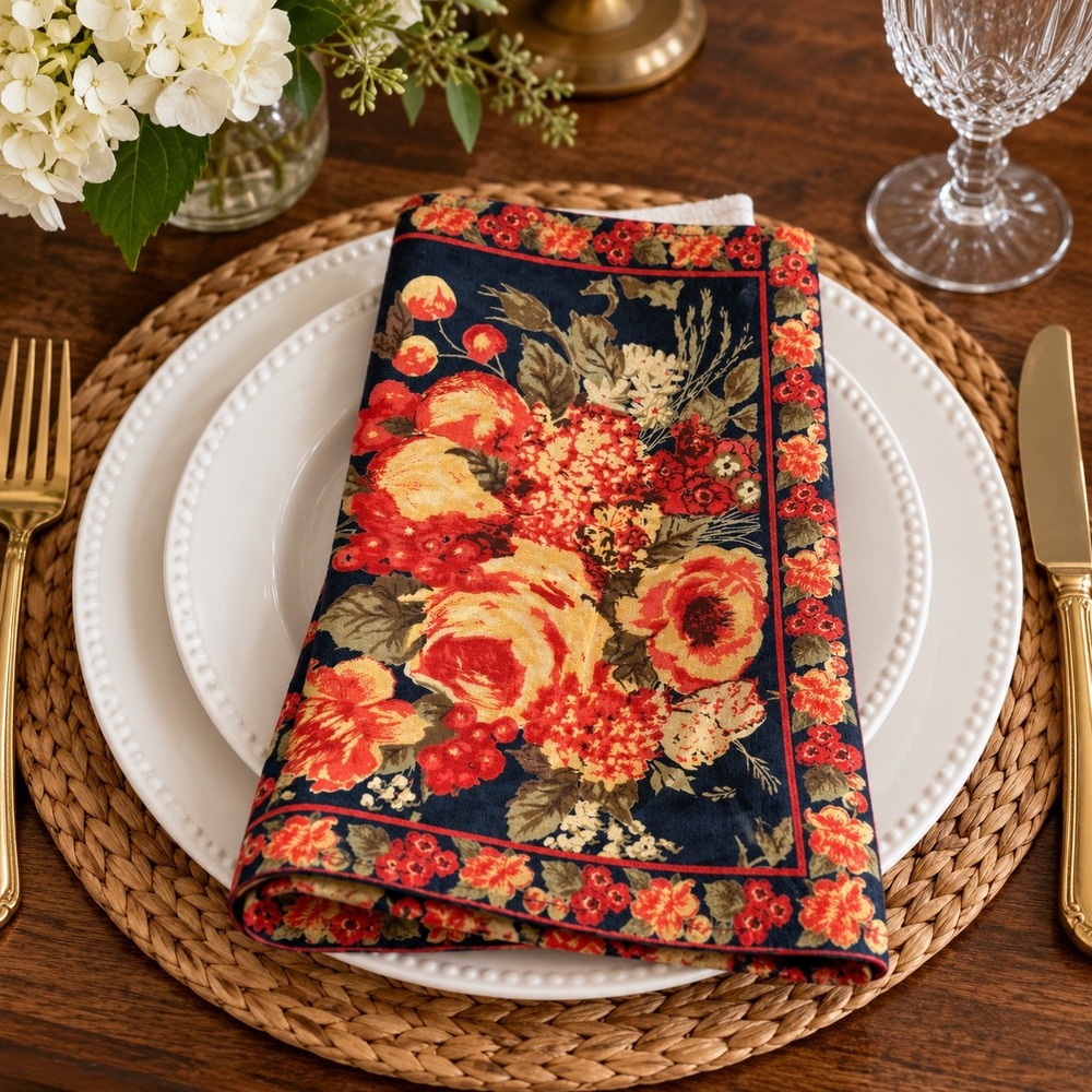 VTG April Cornell Coventry Navy Napkins Set of 4 OS Floral Cottagecore Boho